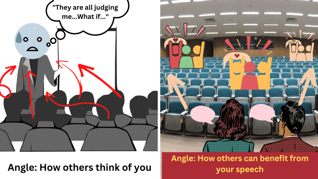 image showing two opposing scenarios between overthinking how audience will judge vs. focusing on how audience can benefit from the presentation