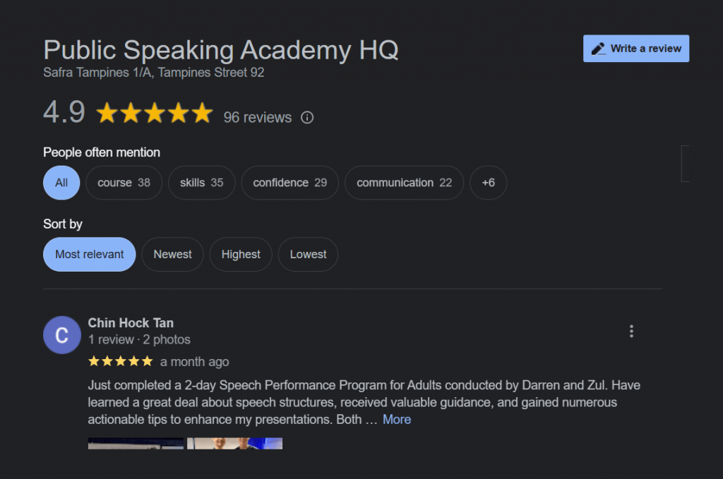 image that shows public speaking academy’s 4.9 out of 5 google review ratings