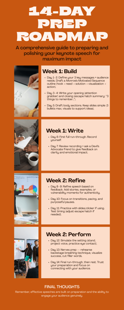 Infographic that detailed a 14-Day Keynote speech Prep Roadmap